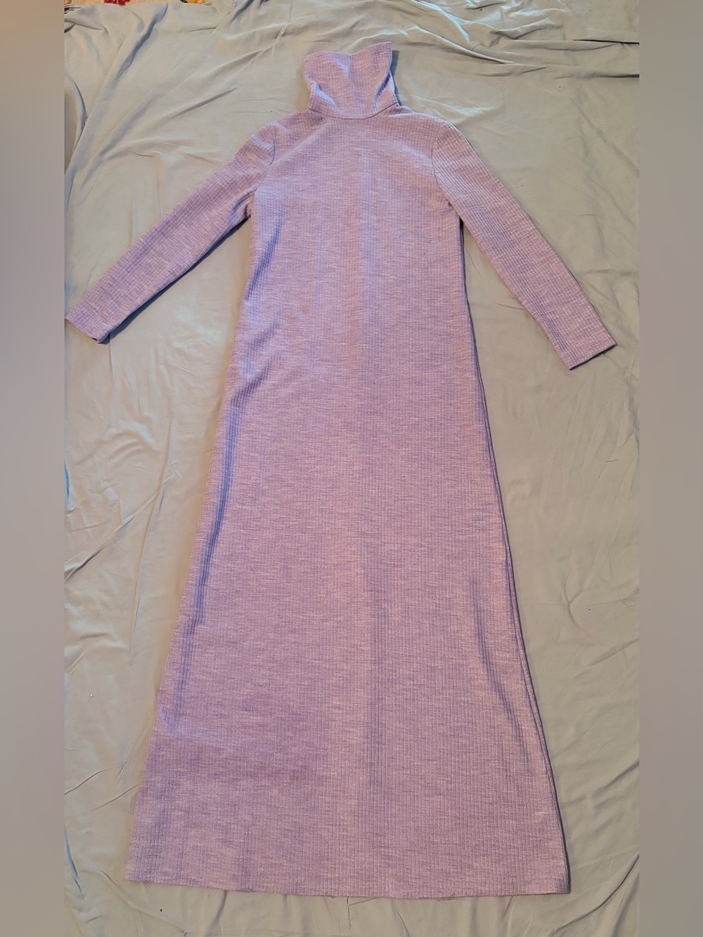 Vintage 60s 70s Lavender Ribbed Knit Maxi Dress Turtleneck Mod Column Gown - Picture 9 of 11